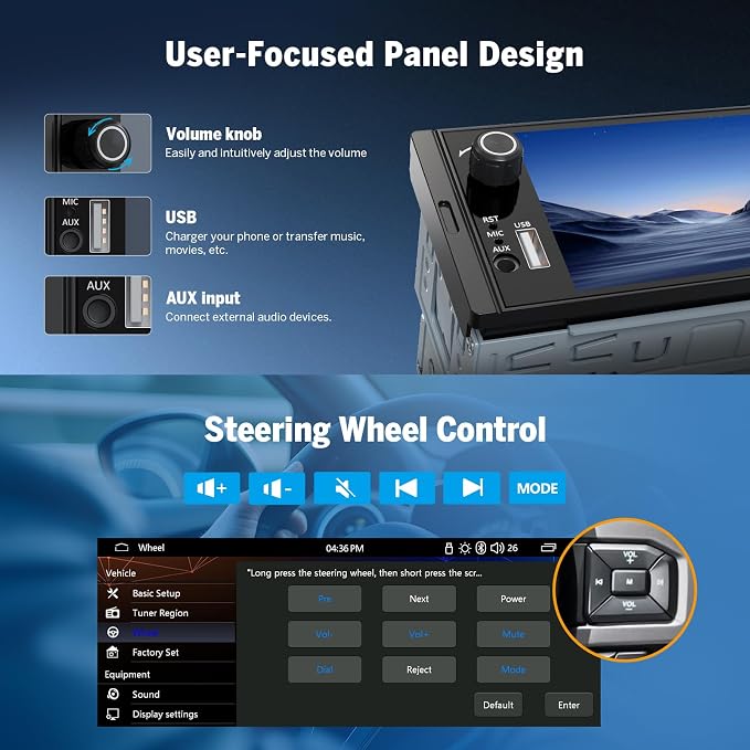 Eonon 6.36" Single DIN Car Stereo – Wireless CarPlay & Android Auto, IPS Touchscreen (1280x480), ST TDA7851 Amp, Backup Camera, Steering Control,Bluetooth 5.3-X3U
