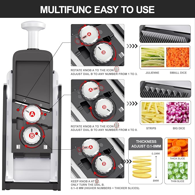 QYKIC Upgrade Safe Mandoline Slicer for Kitchen, Vegetable Chopper Slicer, Potato Slicer Thickness Adjuster, Veggie Onion Dicer for Quick Meal Prep (8 in 1 Gray)