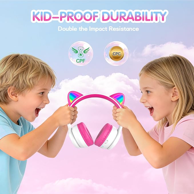 IFECCO Kids Wireless Headphones with Case,Cute LED Light Up Cat Ear Children Girls Bluetooth 6.0 Headphones Volume-limiting for School Travel Gifts