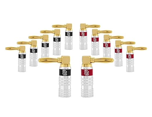 Sewell Silverback Right Angle Banana Plugs, 6 Pairs Quick Connect Gold Plated Speaker Plugs 90 Degree - Version 2-2024 Update