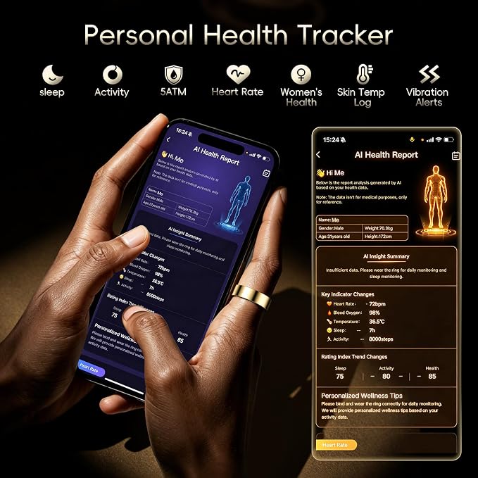 RQZ Smart Ring Fitness Tracker for Men Women, Sleep & Heart Rate Monitor, Step Counter with Vibration Alert, 5 ATM Waterproof, Compatible with iOS & Android Gold Size 12