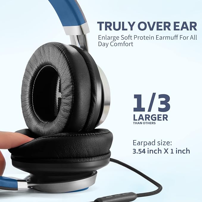AC01 Over-Ear Headphones Wired, Passive Noise Isolating Corded Stereo Headsets with Mic Volume Control for Adults Teens 3.5mm for Chromebooks, Laptop, Computer, Tablets, Travel (Black Blue)