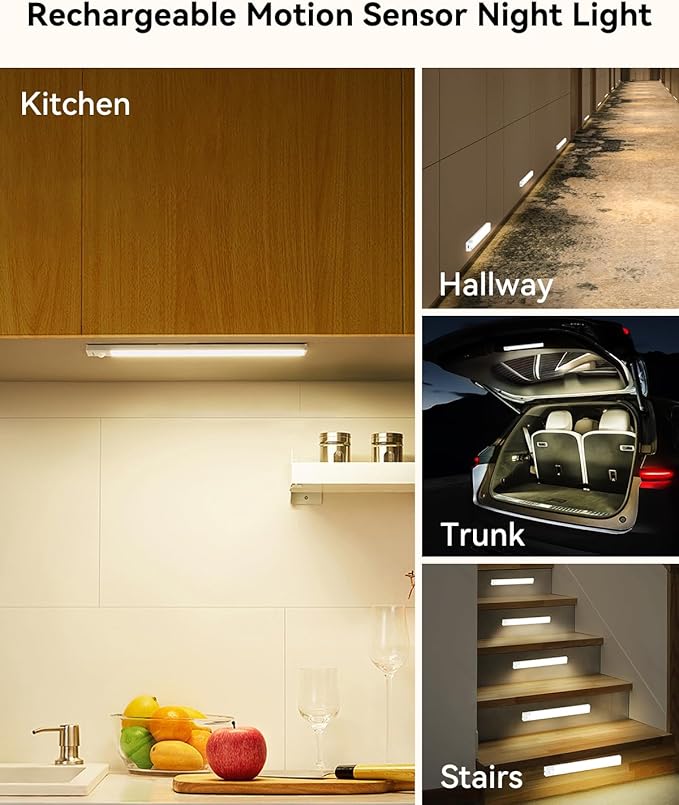 Under Cabinet Lighting 8 Inches Rechargeable Motion Sensor Light Indoor with Charge Station, 3 Color Dimmable Closet Light Battery Operated, Magnetic Under Counter Lights for Kitchen, 3-Pack