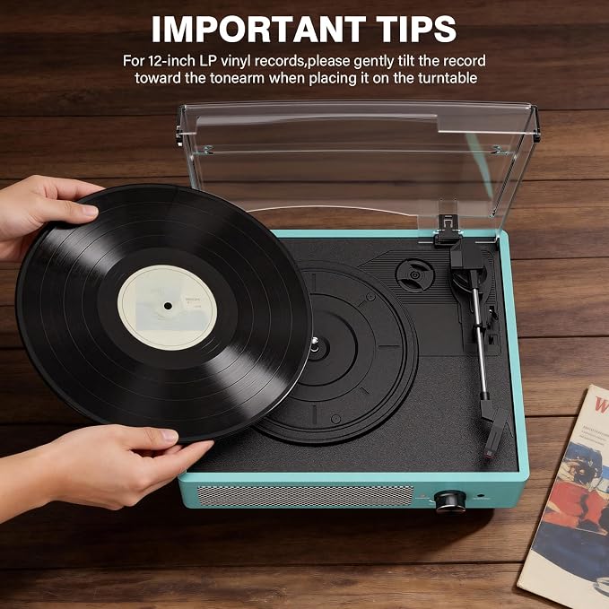 Vinyl Record Player with 2 Stereo Speakers Belt-Driven Vintage Turntables 3 Speed 3 Size Wireless Bluetooth Playback AUX-in RCA Out Headphone LP Vinyl Players Auto Stop Sky Blue