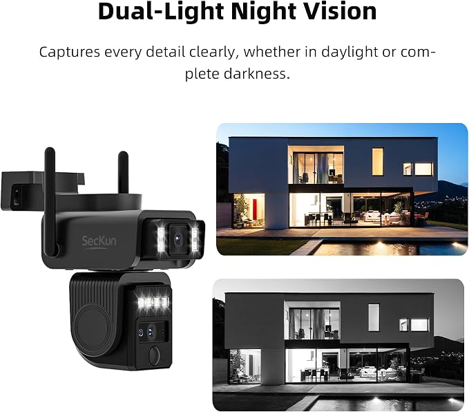AJ19 Outdoor Solar Wireless Home Security Camera, 2.4GHz WiFi, Dual Lens 360° PTZ, IP66 Waterproof, Color Night Vision, 2-Way Audio, Motion Tracking, Dual Storage