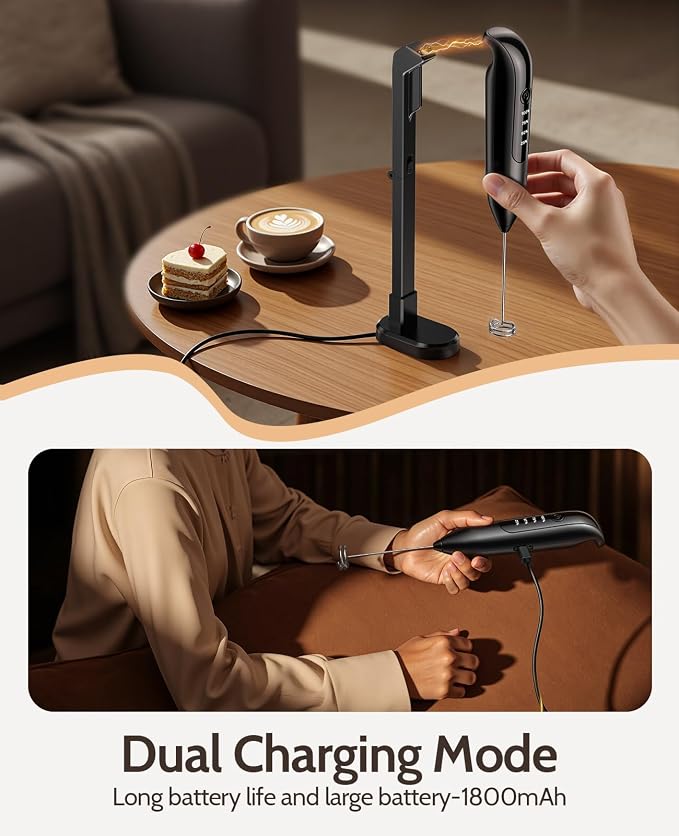 Electric Milk Frother Handheld: coffee frother rechargeable 3 in 1 - LED Display, Adjustable Wireless Charging - 3 Speeds, Stainless Steel Whisk for Latte, Cappuccino - Onyx Black