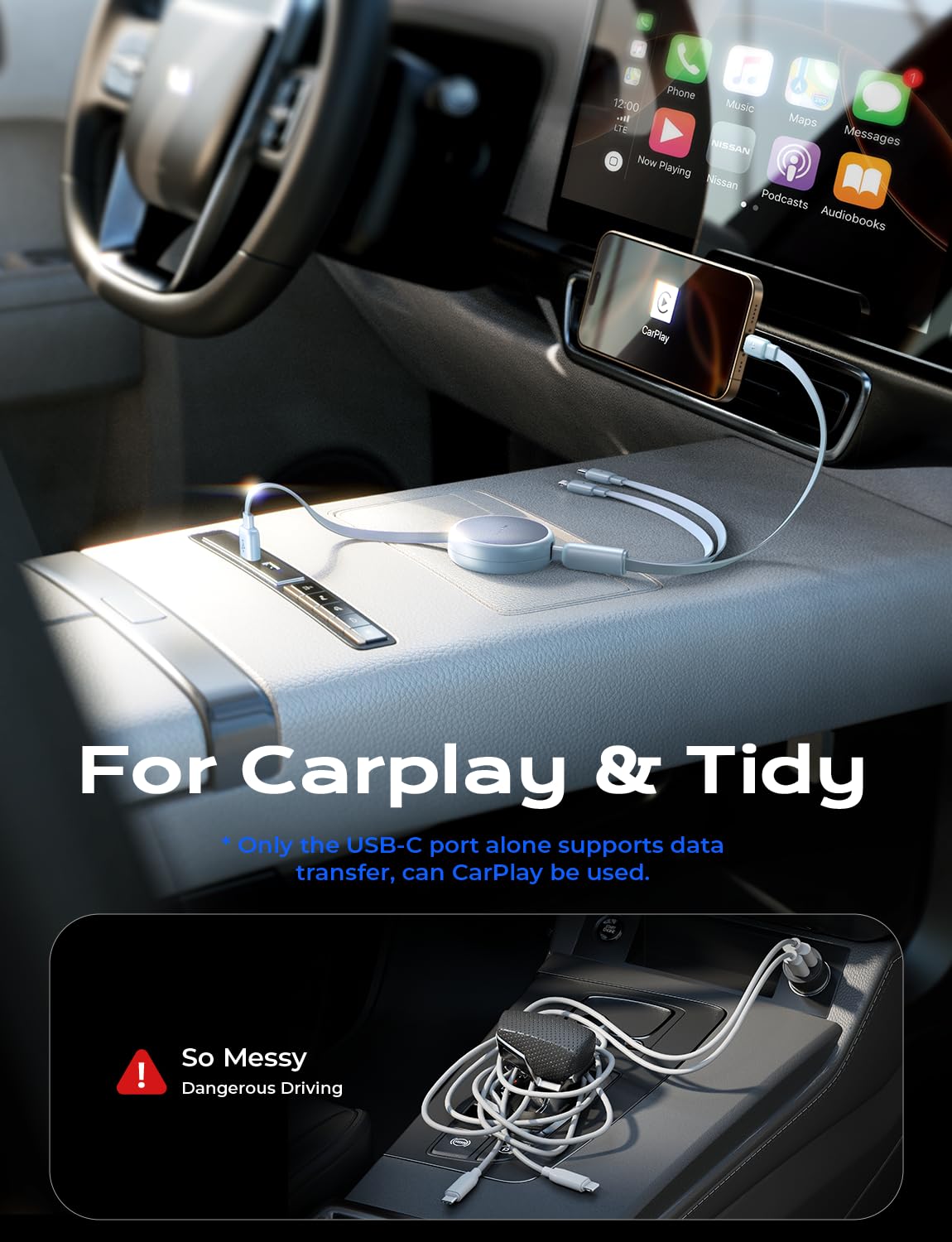 LISEN Multi Charging Cable 3 in 1 iPhone 16 Charger Cord, Retractable Car Charger Type C Cable, Retractable iPhone Charger Cord with Type C/L/Micro USB for iPhone/Samsung/PS/Kindle,Blue