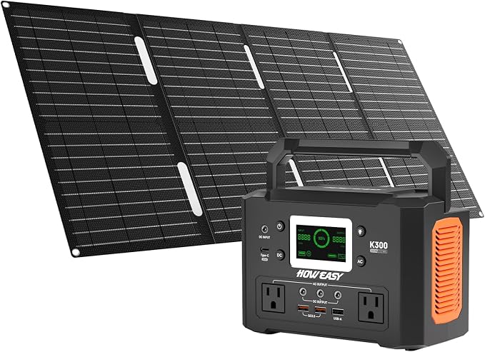 HOWEASY Portable Power Station 300W,222Wh Solar Generator with Foldable 60W Solar Panel,Fast Charging Power Bank with AC Outlet 110V for Outages, Camping, RV, Emergencies