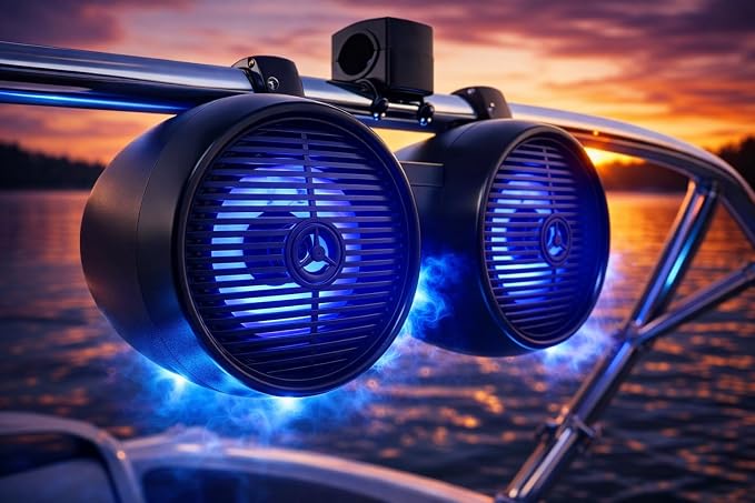 Pyle Dual Waterproof Off-Road Speakers - 8" 300W 2-Way Marine Wakeboard Tower Sound System w/LED Light, Full Range Outdoor Stereo Speaker for Car, ATV, UTV, Jeep, Boat, Includes Brackets (Black)