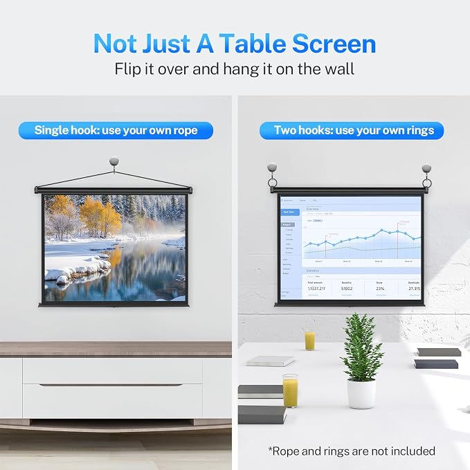40 inch Small Projector Screen, Goldengrainv Retractable Pull Up Screen, Floor Projector Screen, 16:9 4K Portable Screen for Projector, Roll Down Movie Screen for Gaming Indoor, Mini White Screen