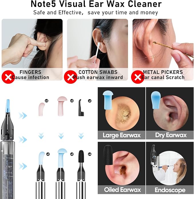 Note5 Ear Wax Removal Kit with Camera,10MP Ear Cleaner Camera Otoscope with Light,Real-time Remote Video with Ear Pick & Tweezers,12 Pcs Ear Scoops for Whole Family
