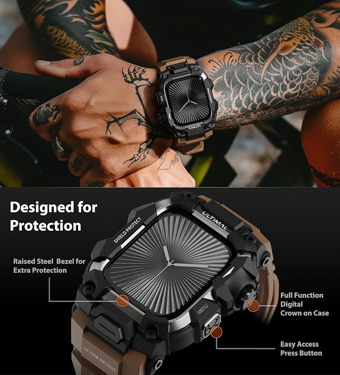 ULTIMAL Rugged Case with Band for Apple Watch 46mm,Compatible with Apple Watch Series 11/10, Military Grade Shockproof Bumper Cover for iWatch Tactical Band Men (Coffee Brown, 46mm)