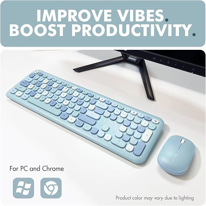 X9 Cute Wireless Keyboard and Mouse Combo - Retro Typewriter Keyboard and Mouse with Round Bubble Keys, 110 Keys and 18 Shortcuts Keyboard - Colorful Blue Keyboard Mouse Combo for PC Computer, Laptop