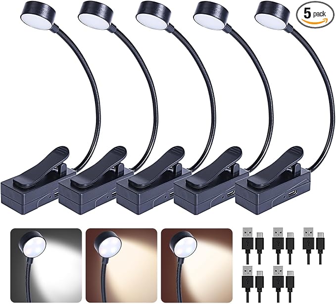 KunHe 5 Pack Rechargeable Book Light Bulk Clip-On Reading Lights for Books in Bed Long-Lasting 3 Modes & 3 Brightness Levels Compact USB Charging Mini Booklights for Kids Book Lovers Bulk Gifts