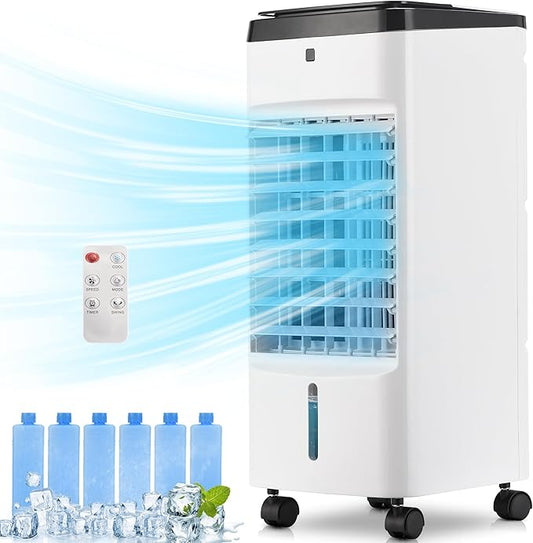 Uthfy 3 IN 1 Portable Air Conditioners, Swamp Cooler with Detachable Water Tank, 6 Ice Packs, 12H Timer, 120° Oscillation, Remote, 3 Speeds, 4 Modes, Evaporative Cooler for Bedroom, Office