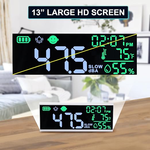 Decibel Meter 13" Sound Decibel Meter Display Time Temperature Humidity, Wall Mounted and Desktop Sound Level Meter with Buzzer Alarm Icons Indicator, Noise Meter for Classroom, Studio, Home, etc.