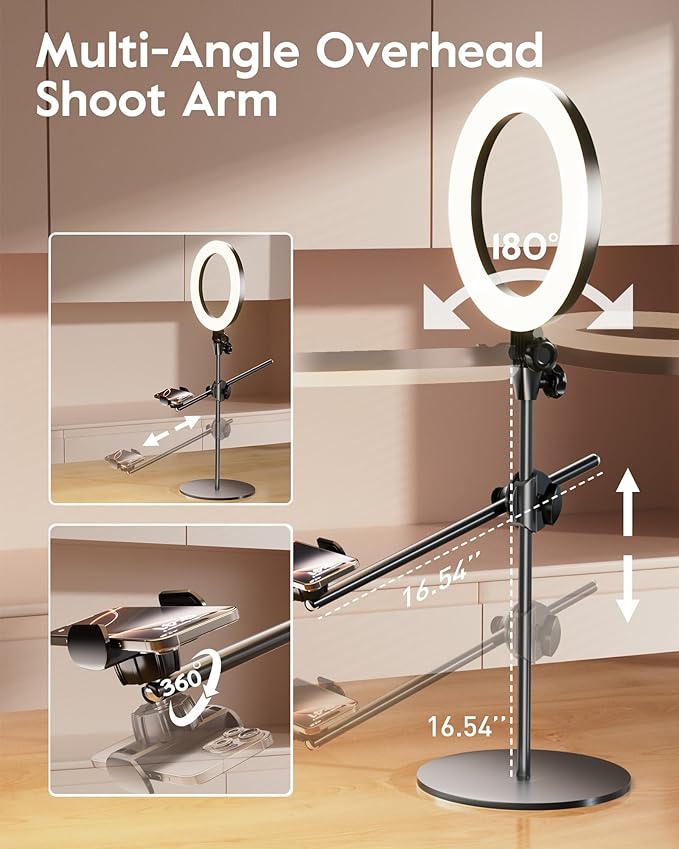 Ring Light Overhead Camera Mount for Desk, LUXSURE 10.5" Ring Light with Stand for iPhone, Adjustable Overhead Tripod with Shooting Arm & Phone Holder for Video Recording, Content Creation, Cooking