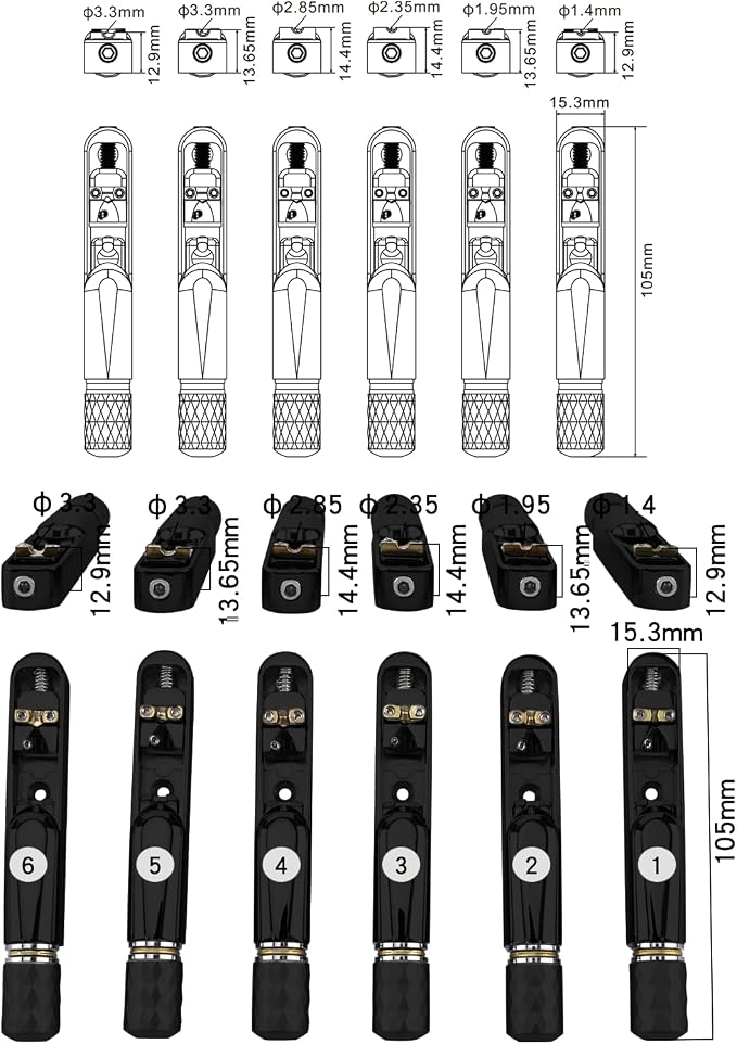 Pack of 6 Individual Single Tubular Fixed Bridge 6 String Electric Bass Bridge for Headless 6-string Bass Replacement Parts （Conductive Black）