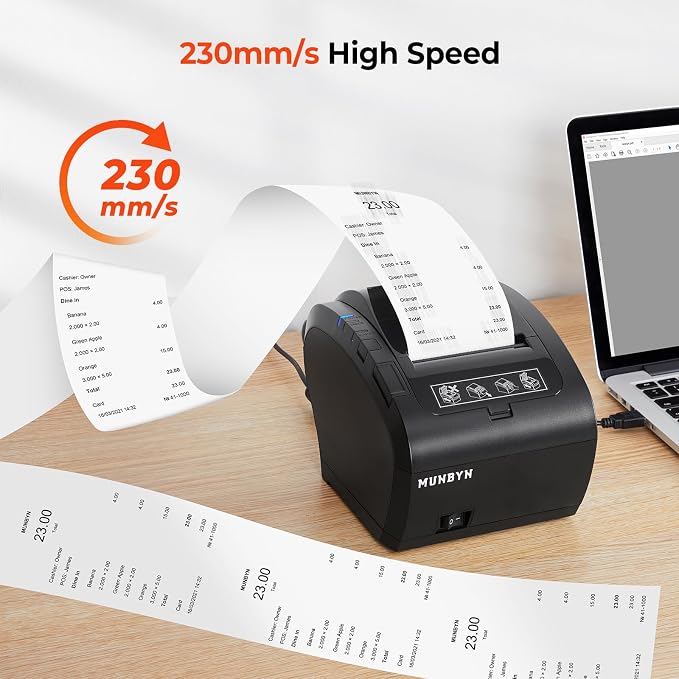 MUNBYN POS Printer, Receipt Printer USB Ethernet 80MM Thermal Printer P047, Impresora térmica, Black Supermarket POS Kitchen Printer with Auto Cutter Support Cash Drawer ESC/POS Windows System