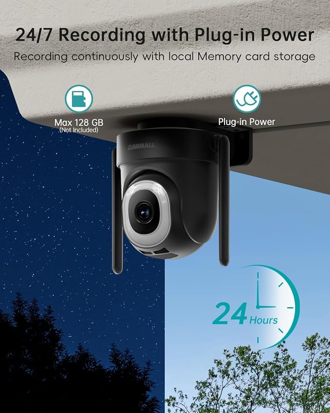 ZUMIMALL 2.5K Wired cameras for home security, 2.4G/5G WiFi Outdoor Security Camera, 5MP, 24/7 Recording, AI Motion Detection, Cloud & SD Card Storage, 2-Way Audio, 360° PTZ Auto Tracking, IP66, Black