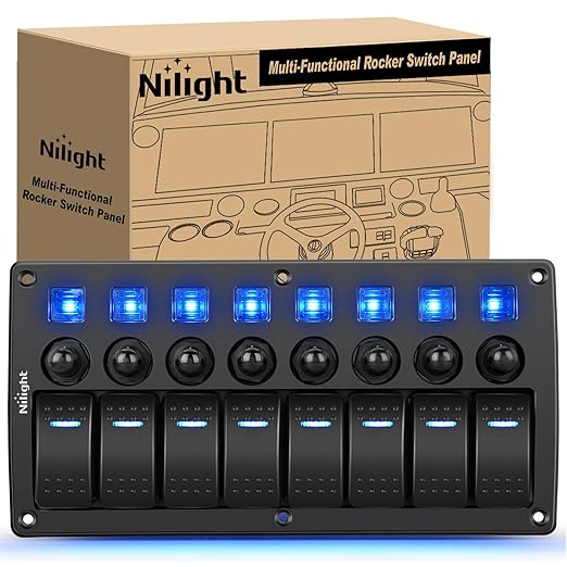 Nilight 8 Gang Rocker Switch Panel Waterproof Pre-Wired Marine with Resettable Circuit Breaker LED Backlight 5A 10A 15A Breakers 12V 24V ON Off 3 PIN Toggle Switches for Car Truck Boat RV