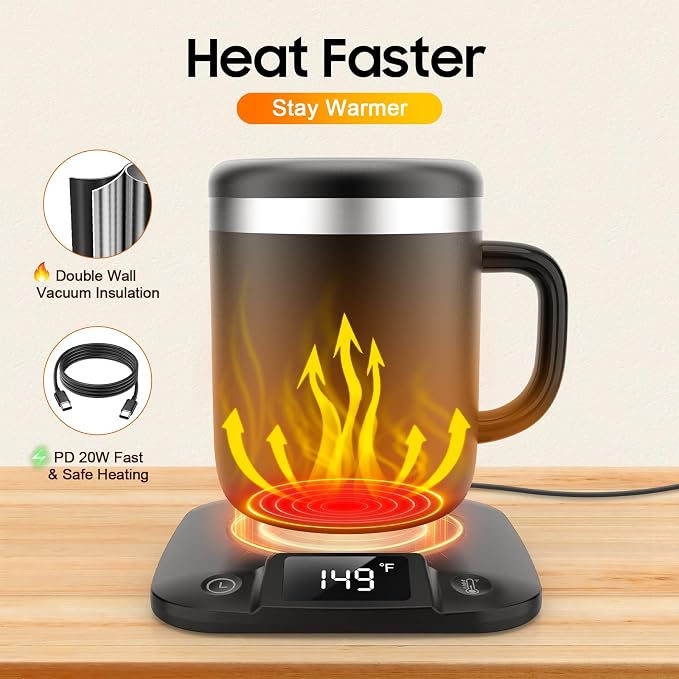Smart Electric Heated Coffee Mug with Temperature Control, 5 Settings & Display, Auto Shut-Off, Fast Heating Warmer Set with Stainsteel Coffee Mug