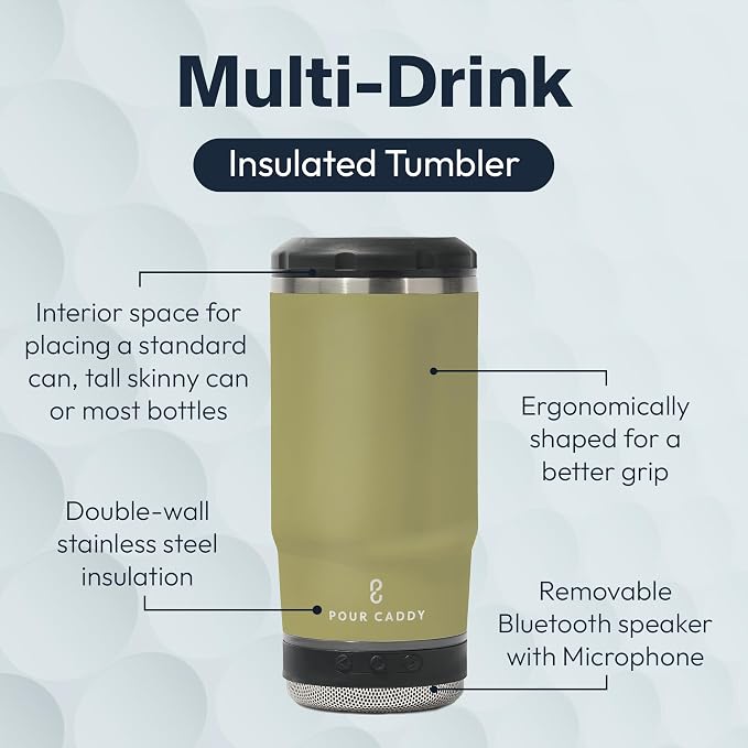 Vibe 4 In 1 Bluetooth Speaker Cup, Insulated Can and Bottle Holder for Hot or Cold Drinks, Double Wall Stainless Steel Drinkware, Fits 12 oz Cans or 14 oz Liquid, Sandstone