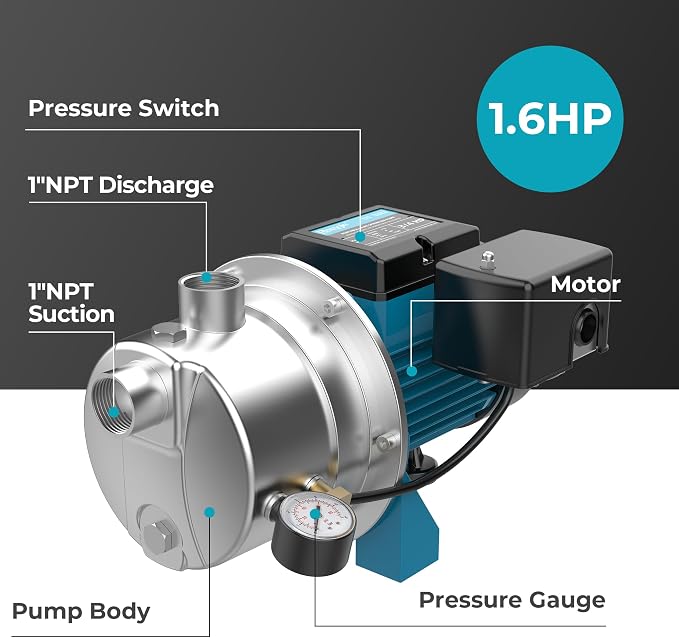 3/4HP Shallow Well Pump, 1100GPH Stainless Steel Sprinkler Booster Pump, Well Depth Up to 25FT, Automatic Pressure Switch, Water Transfer Draining Irrigation Pump Max. Head 115FT for Lawn