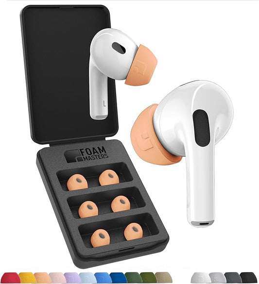 Foam Masters Ultra-Premium Memory Foam Ear Tips for AirPods Pro 1st & 2nd Gen | 3 Pairs | New Ver. | Secure Fit | Super Comfort | Better Noise Cancel | Replacement Buds (Medium, Peach)