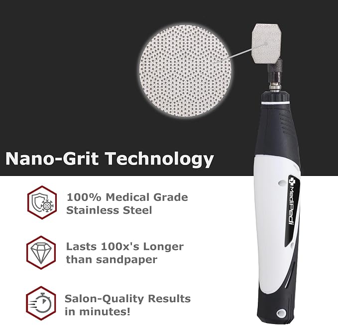 Stainless Steel Electric Pedicure File with Reusable Coarse and Fine Heads, Metal Foot File Callus Remover for Feet. Effortlessly Removes Calluses, Dead Skin for Smooth Healthy Feet