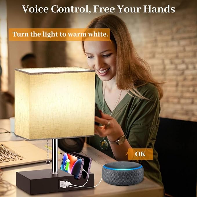 Smart RGB Dimmable Table Lamp Compatible with Alexa&APP&Remote Control, Bedside Desk Lamp with Charging Ports&Outlet&Phone Stand, Music Sync Nightstand Lamp for Bedroom Living Room Office Dorm, Beige