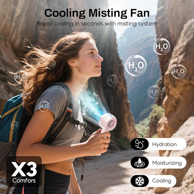 Misting Portable Handheld Fan, Powerful Turbo Motor, 6000mAh Rechargeable Battery, Personal Mini Fans with 4 Strong Wind, Cooling Gadgets for Travel, Camping, Beach, Outdoor, Gifts for Women Men-Pink