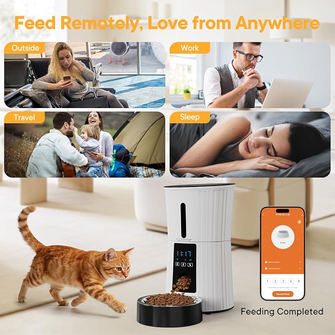 NEWBULIG 4L Automatic Cat Feeder with APP Control, 2.4G WiFi Timed Pet Feeders for Dry Food, 10 Meals/Day, 50 Portions/Meal, Dog Food Dispenser with 10s Voice Recorder, Dual Power Supply, White
