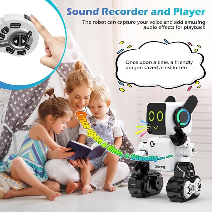 Rechargeable RC Robot Toy for Kids - Interactive Intelligent LED Light, Speaks, Dances, Built-in Coin Bank (White)