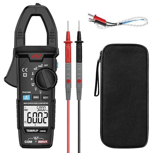 Digital Clamp Meter Multimeter TRMS 6000 Counts 600A Auto-ranging Amp Meter with Flashlight Backlight, Measures NCV, AC/DC Voltage Current, Continuity Capacitance Diode Resistance, Temperature