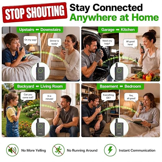 Wireless Intercom System 3300 ft Long Range, 2 Way Intercom for Home Office & Business, Large PTT Button & VOX Hands-Free, 16 Channels Room to Room Intercom, No WiFi Needed (2 Pack)