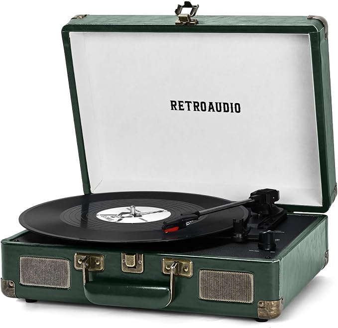 Vinyl Record Player 3 Speed Bluetooth Portable Suitcase Belt-Driven Record Player with 2 Built-in Stereo Speakers Vinyl Vintage Turntable Records Player with RCA Line Out, AUX Out (Dark Green)
