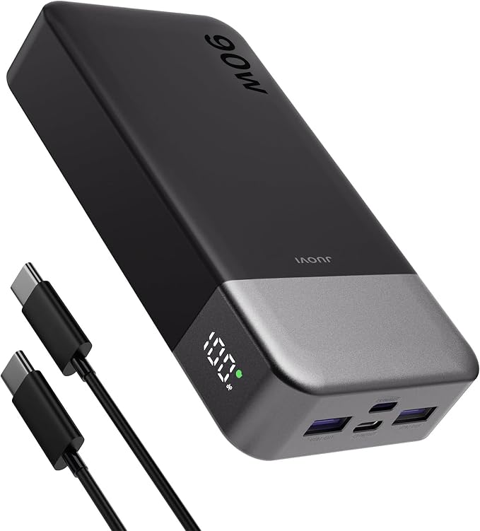 JUOVI Laptop Power Bank 90W 20000mAh USB C Portable Charger，PD QC Fast Charging 4-Port(2C+2A) External Battery Pack for MacBook Laptop iPad iPhone Samsung Steam Deck, Perfect for Travel & Business