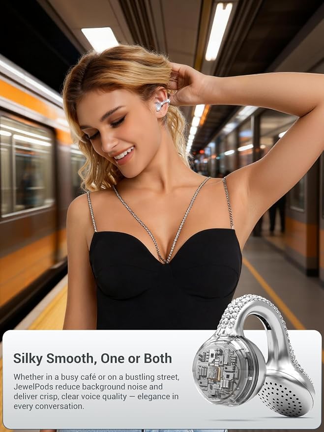 JewelPods C01 Pro Open Ear Headphones, Luxury Jewelry Wireless Earbuds, SLV | Clip-On Wireless Bluetooth Earbuds Secure, Lightweight, Premium Audio-Water Resistant-Up to 72 hrs Play,Gift for Her