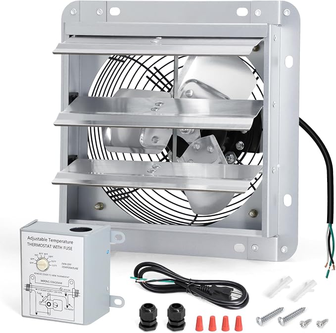 Cracubit Criditpid 7 Inch Shutter Exhaust Fan, Garage Exhaust, Wall Exhaust Fan with Adjustable Thermostat Switch for Gable, Shed, Garage, Basement, Greenhouse, Kitchen, Attic