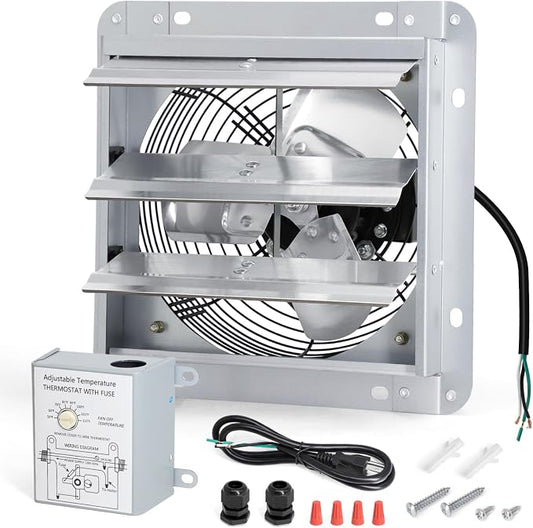 Cracubit Criditpid 7 Inch Shutter Exhaust Fan, Garage Exhaust, Wall Exhaust Fan with Adjustable Thermostat Switch for Gable, Shed, Garage, Basement, Greenhouse, Kitchen, Attic