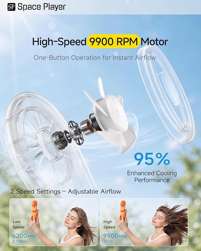Space Player MagSafe Magnetic Cooling Fan for iPhone & Android Portable Phone Cooling Fan with LED Light Rechargeable Mini Handheld Fan 3-in-1 Magnetic Desk Fan for Gaming Travel & Outdoor Use White