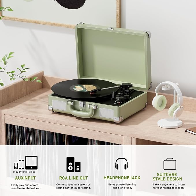 Vinyl Record Player 3-Speed Bluetooth Suitcase Portable Belt-Driven Record Player with Built-in Speakers RCA Line Out AUX in Headphone Jack Vintage Turntable,Aegean Green