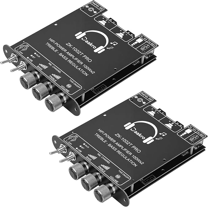 Daakro 2PCS ZK-1002T PRO 2.0 Channel Bluetooth 5.3 Amplifier Board 200W HiFi Audio AMP with Treble and Bass, TWS,BT USB and AUX Inputs, DC 12-24V 2.0 Channel Stereo AMP Module for DIY Speakers