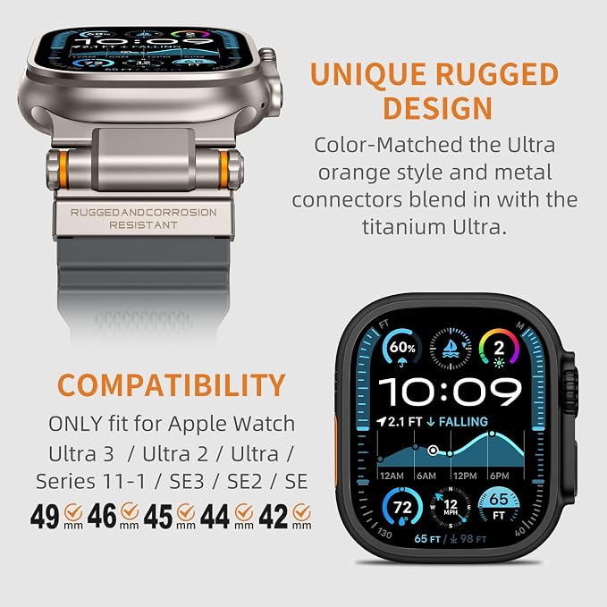 FOAMUNOC Rugged Band Compatible with Apple Watch Ultra 3/2/1 Band 49mm/46mm/45mm/44mm/42mm, Metal Connector with Strap for iWatch Ultra Series 11/10/9/8/7/6/SE3/SE2/SE/5/4/3/2/1, Gray/Titanium