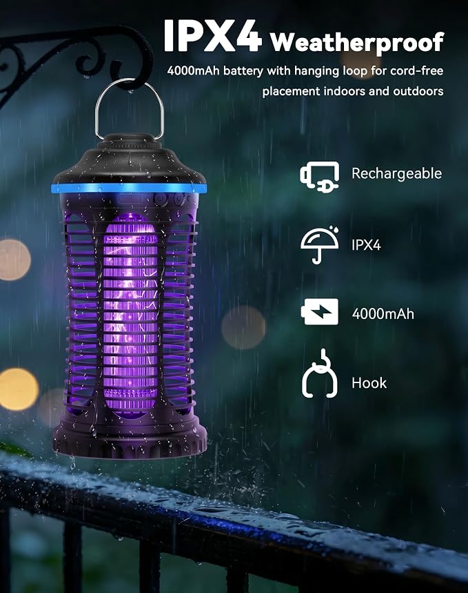 Rechargeable Bug Zapper Outdoor Indoor, Mosquito Zapper Cordless with 4000mAh Battery, RGB Light, USB-C Charging, 1/2 Acre Coverage, IPX4 Waterproof, Portable Fly Zapper for Camping, Patio, Garage