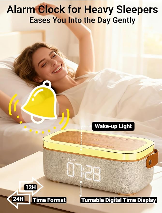 4-in-1 Alarm Clock Bedrooms for Heavy Sleeper, Bluetooth Clock Sync with Phone, Portable Bluetooth Speaker, 15W Wireless Charging Station, Ambient Mood Night Light, Trendy Gift Room Decor