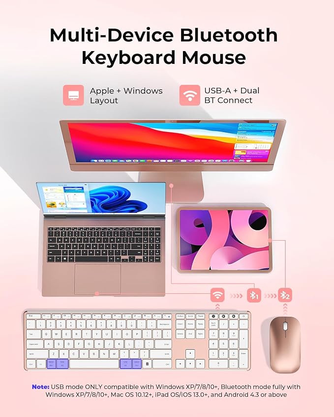 seenda Wireless Bluetooth Keyboard and Mouse Combo, SKM64-3 Rechargeable Slim Quiet Keyboard Mouse, 3 Multi-Device Connection, Compatible for Windows 11/10 PC Laptop Mac MacBook iPad, White Rose Gold