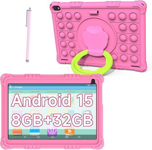 Android 15 Kids Tablet, 10 inch Tablets for Kids, 8GB RAM 32GB ROM 1TB Expand, Toddler Tablet with Parental Control, IPS Screen, Dual Camera, Educational, Games, Shockproof Case for Girls, Pink