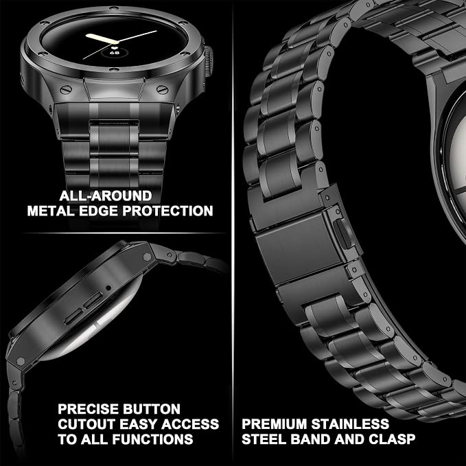 SUPLINK Metal Case and Bands Compatible with Google Pixel Watch Bands/2/3 Band 41mm Men,Stainless Steel Protective Rugged Case Wristbands for Pixel Watch 2 Band Accessor, Space Gray